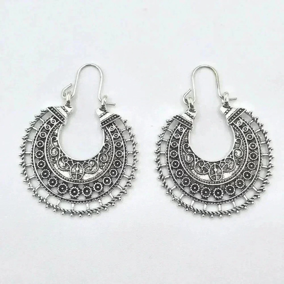 Silver Floral Paisley Dangle Hoop Hook Earring Boho Fashion Jewelry ZB01 #01 - Picture 1 of 4